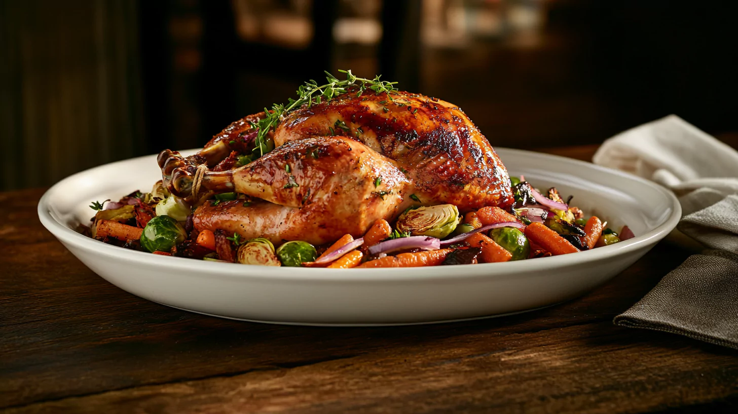 A roasted wild turkey on a serving platter with garnishes.