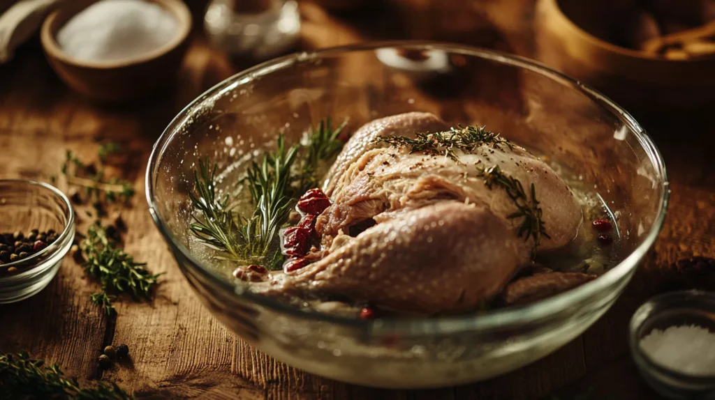 Wild turkey breast soaking in a glass bowl of brine with herbs and spices.