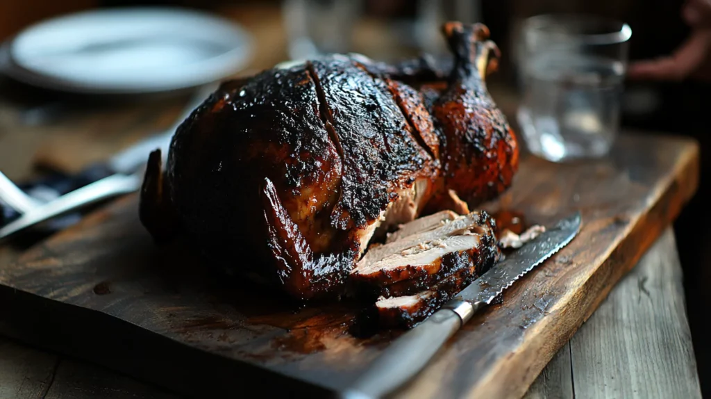 A frustrated cook with an overcooked wild turkey in the kitchen.