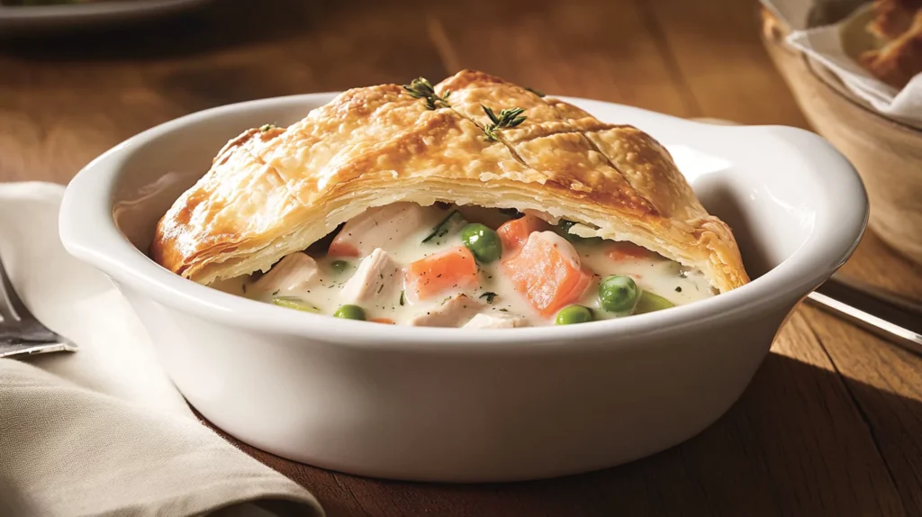 A golden-brown wild turkey pot pie with flaky crust.