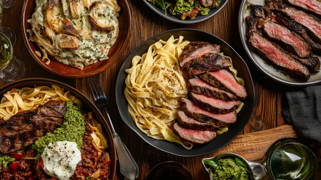 An assortment dishes, including tagliatelle, fettuccine, and penne.