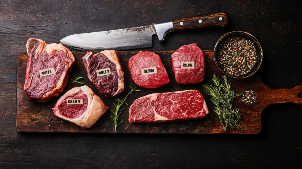 Various raw steak cuts on a butcher’s board labeled Ribeye, Filet Mignon, Sirloin, Skirt, and Flank steak.
