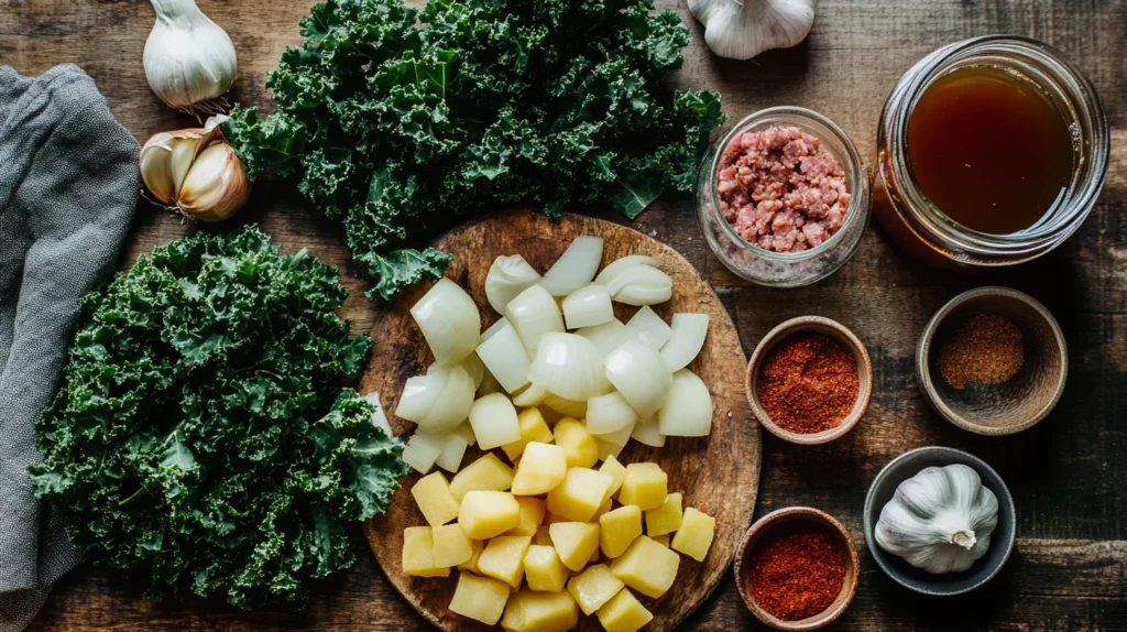 Fresh ingredients for swamp soup on a wooden counter.