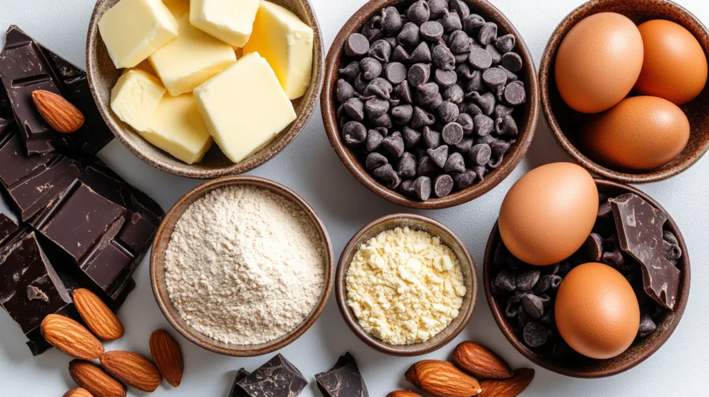 Ingredients for almond flour chocolate cookies arranged neatly