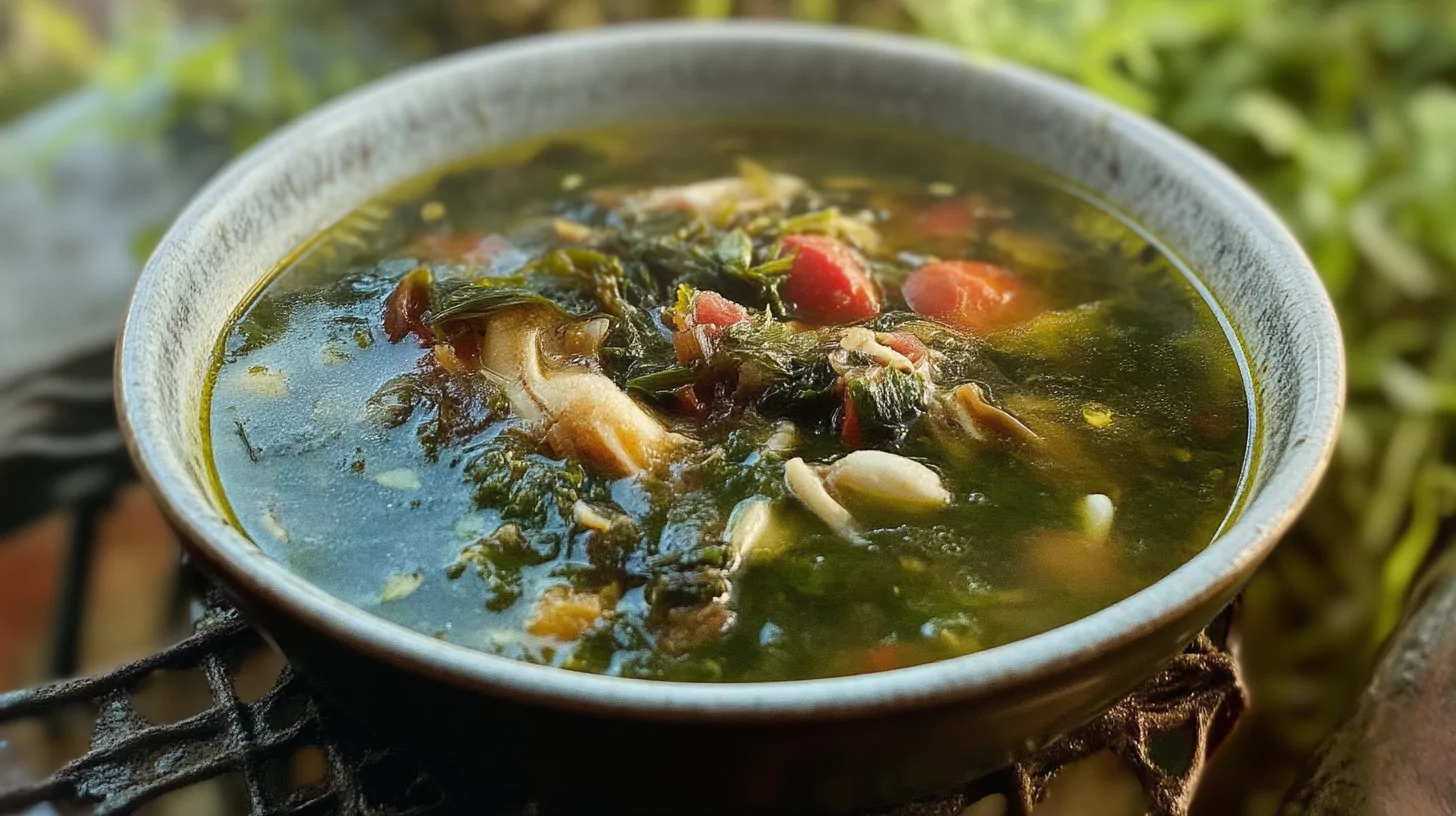 A steaming bowl of swamp soup garnished with fresh parsley.