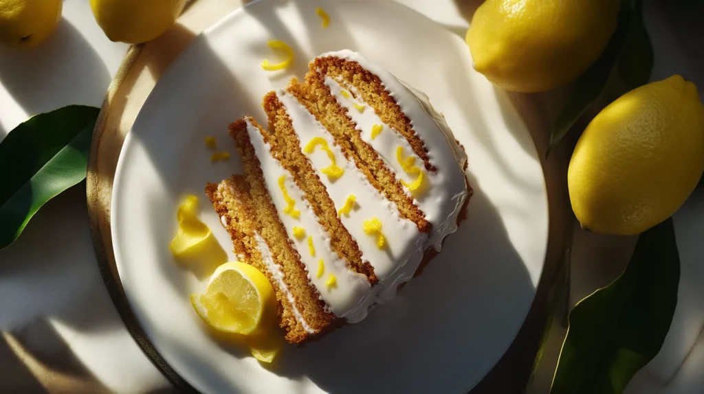 Slices of almond cake with lemon glaze and zest topping