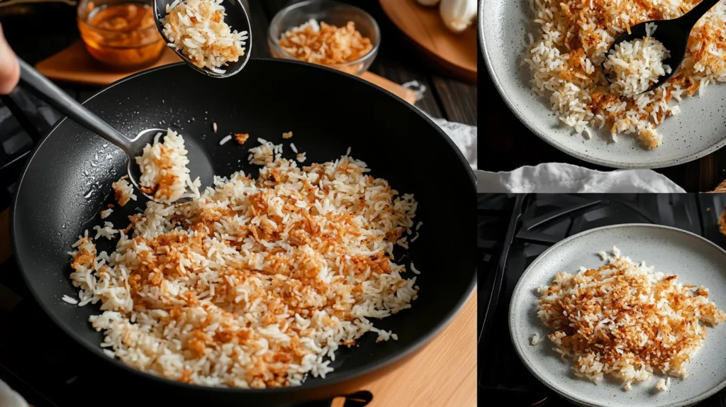 Step-by-step process of making crunchy rice on the stovetop.