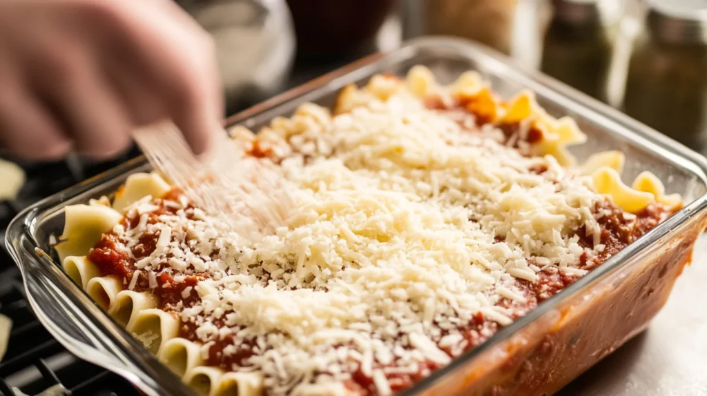 Layering lasagna in a casserole dish.