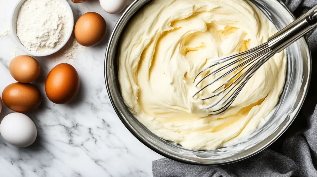 Cake batter in a mixing bowl