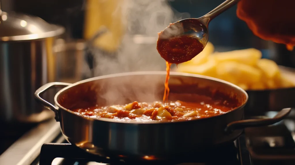 Thickened tomato sauce simmering in a pot.