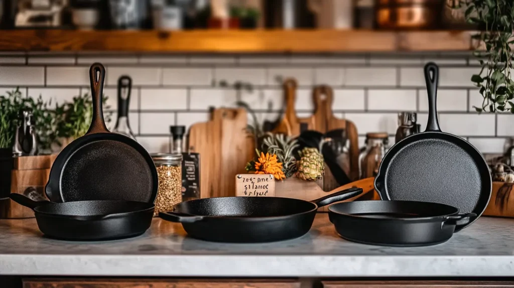 Cast iron, stainless steel, and non-stick frying pans displayed on a kitchen counter.