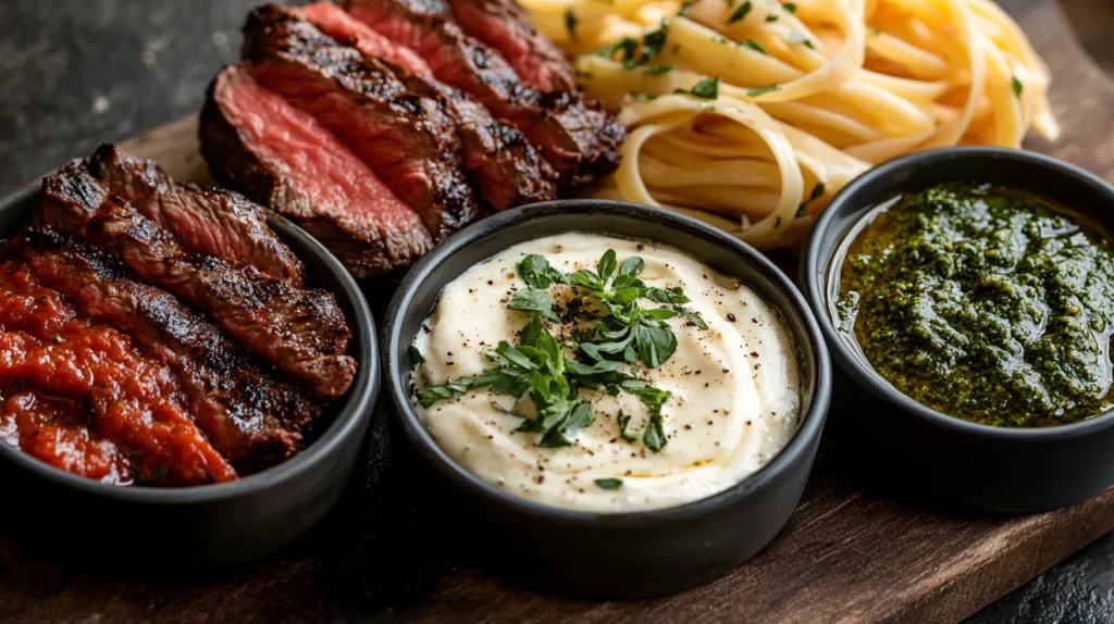 Bowls of Alfredo, marinara, and pesto sauces