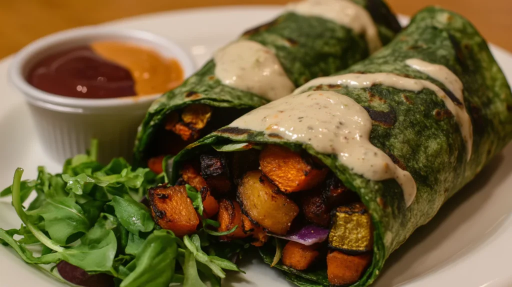Spinach wraps filled with fresh vegetables