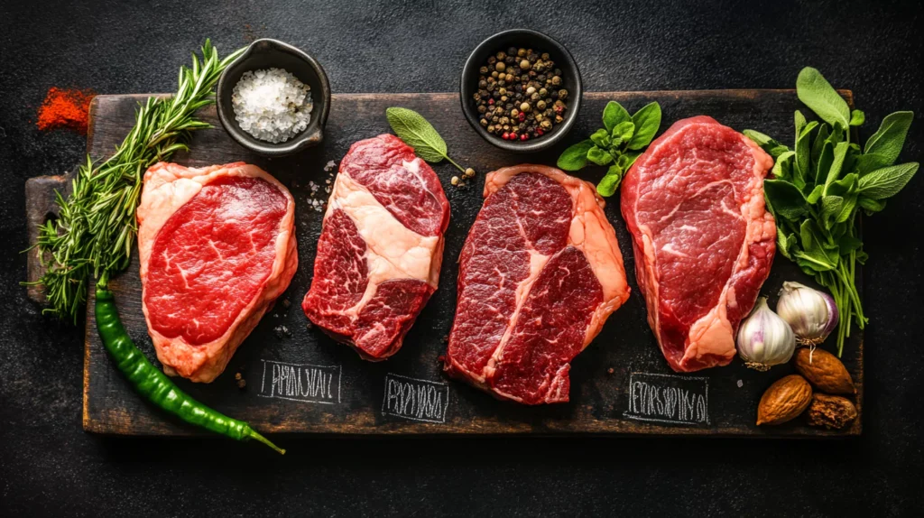 Different cuts of steak for steak pasta recipes on a cutting board.