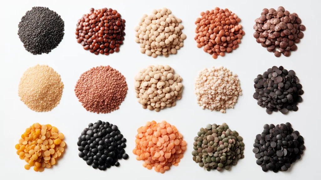 Different types of uncooked lentils with nutritional highlights.