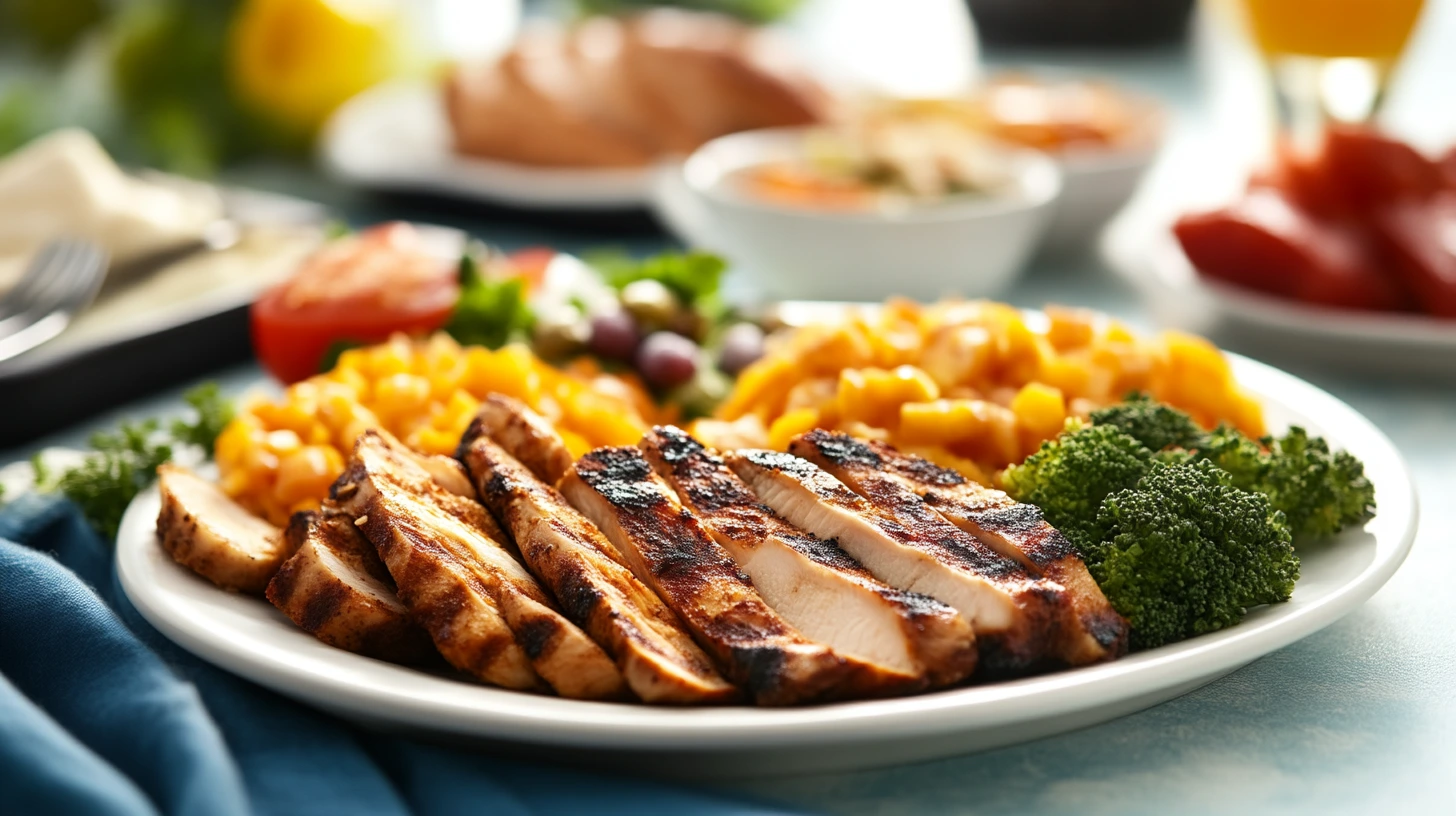 Healthy breakfast table with grilled chicken, turkey slices, vegetables, and a glass of juice.