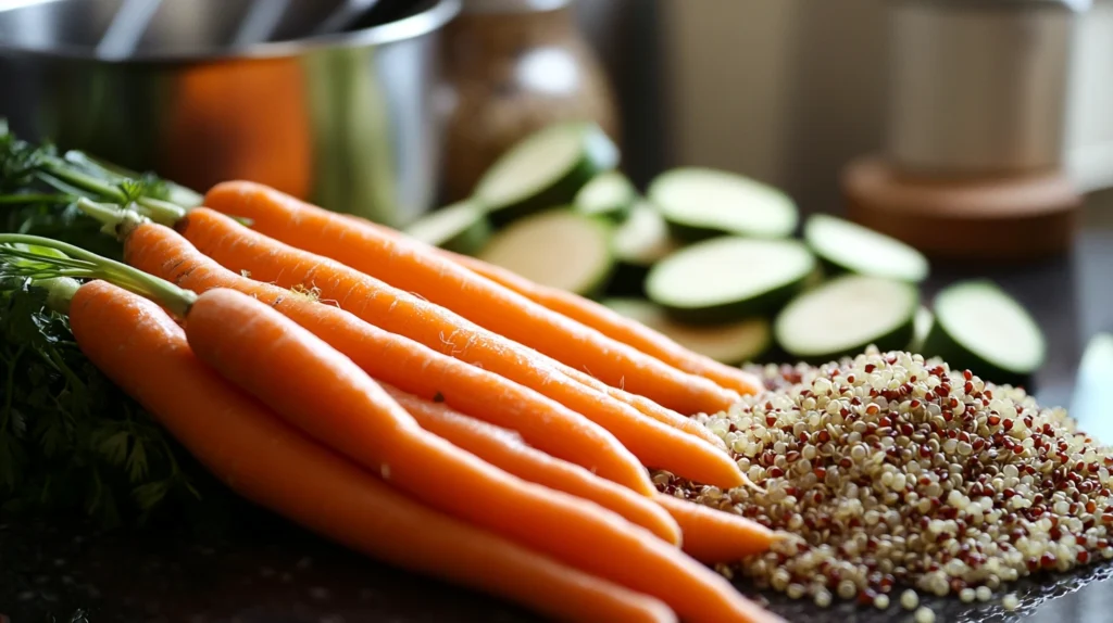 Fresh produce, legumes, and grains on a kitchen counter.