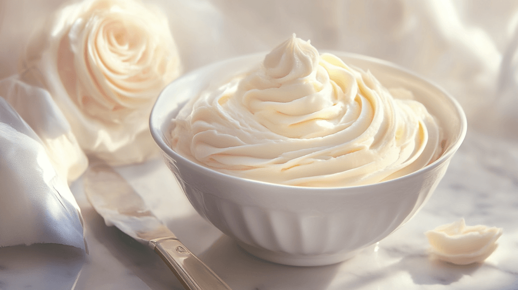 A bowl of freshly made French buttercream, with a piping bag filled for decorating.