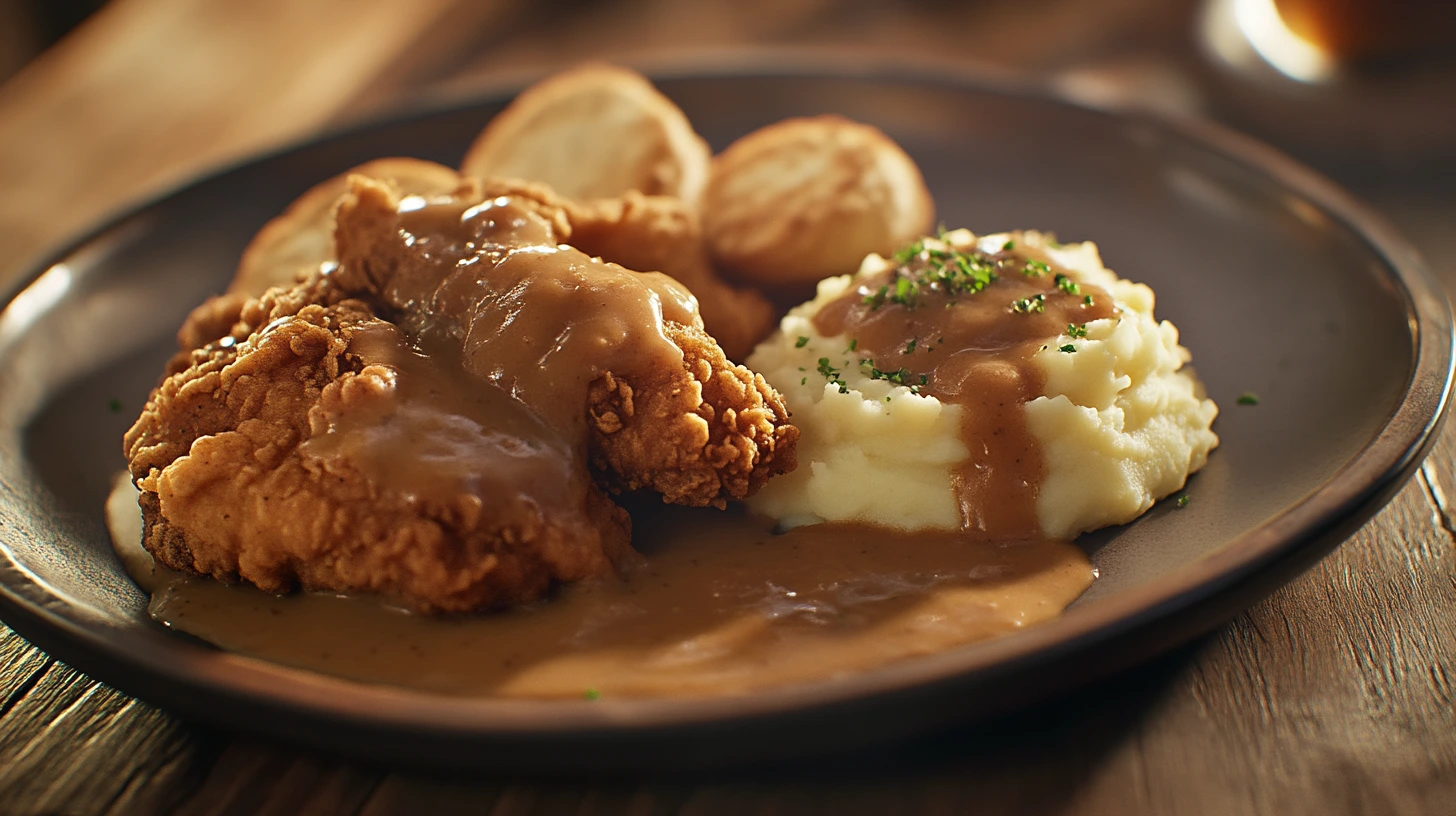 A plate of crispy fried chicken with a serving of rich, golden chicken gravy and mashed potatoes.