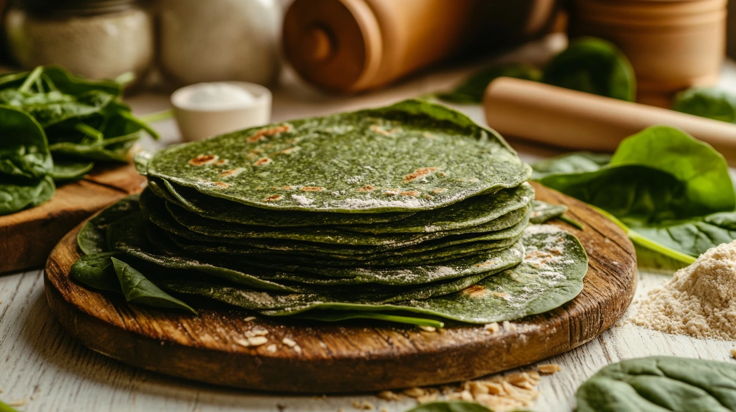A stack of vibrant gluten-free spinach wraps on a wooden plate