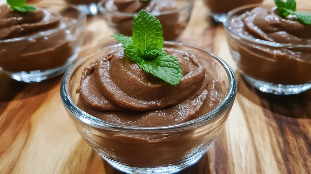 Dairy-free chocolate mousse in small serving glasses.