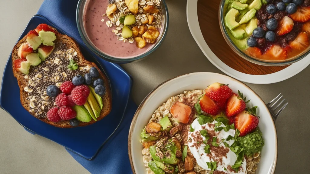 A variety of the healthiest breakfast dishes, such as oatmeal, smoothie bowls, avocado toast, and yogurt parfaits with fresh fruit.