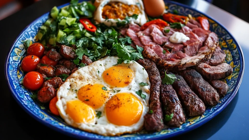 Platter with turkey bacon, grilled chicken, salmon, and lean beef slices as healthy breakfast meats.