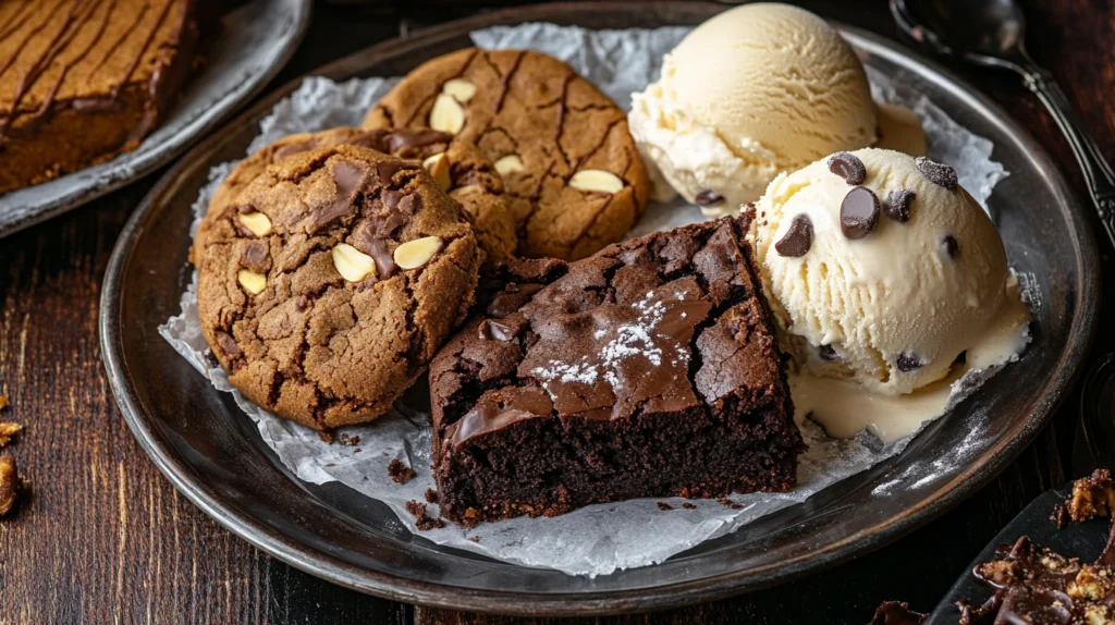 Dessert platter with almond flour cookies, dairy-free ice cream, and gluten-free brownies.