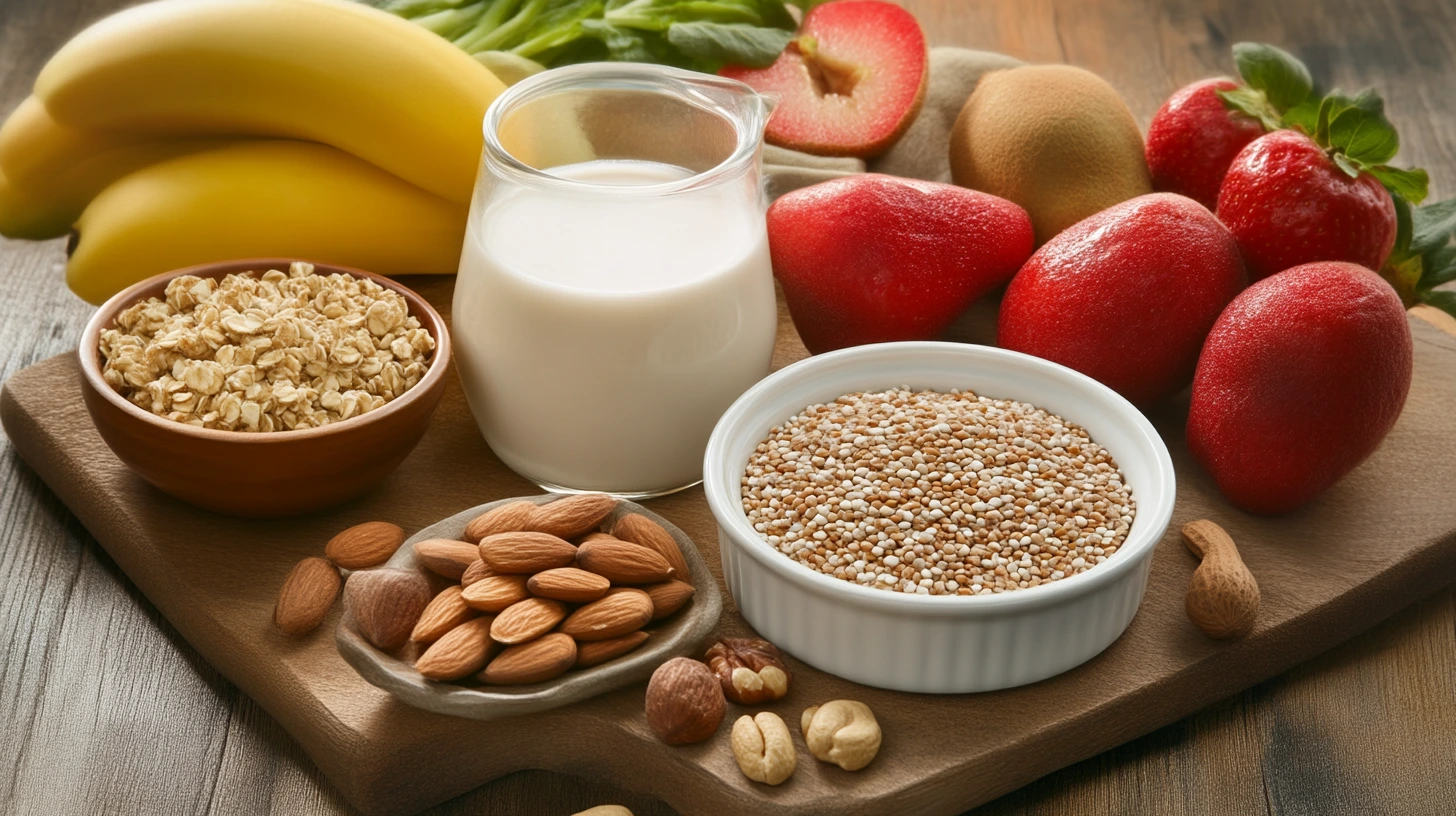 A variety of gluten and lactose-free foods on a rustic wooden table.