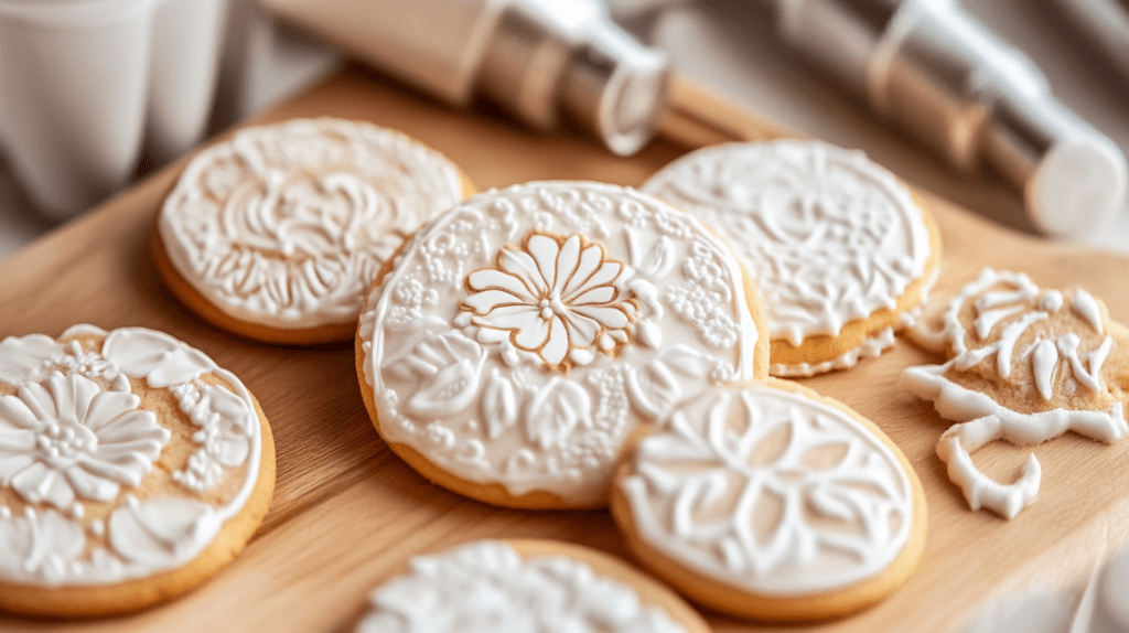A close-up of cookies decorated with intricate royal icing patterns.