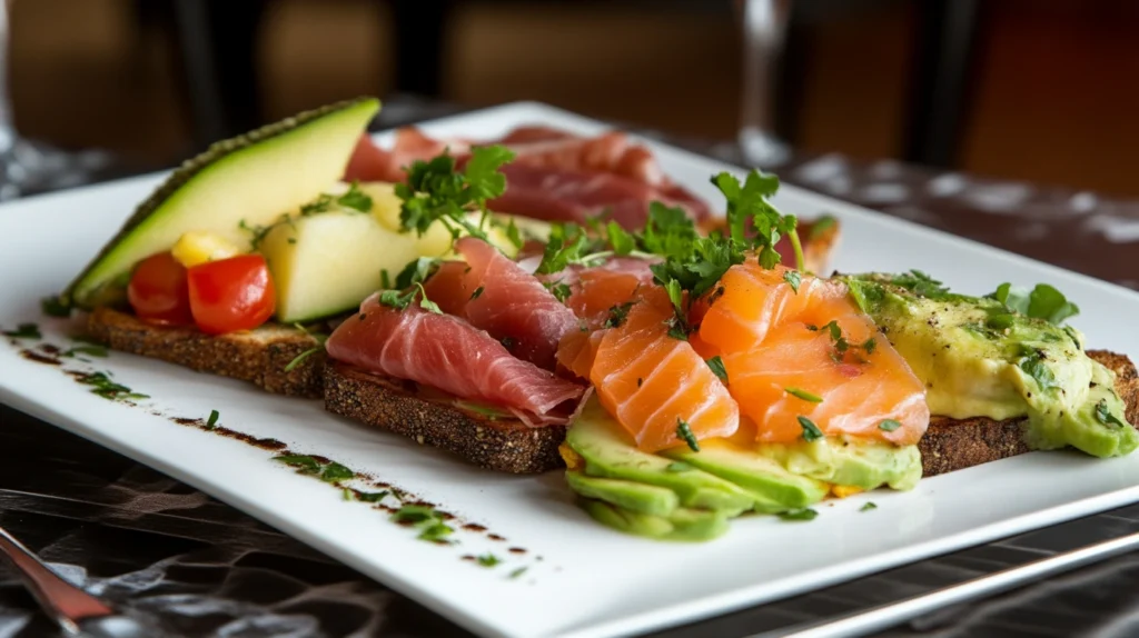 A gourmet breakfast platter with smoked salmon toast, prosciutto and melon, and a lamb omelette, elegantly plated.