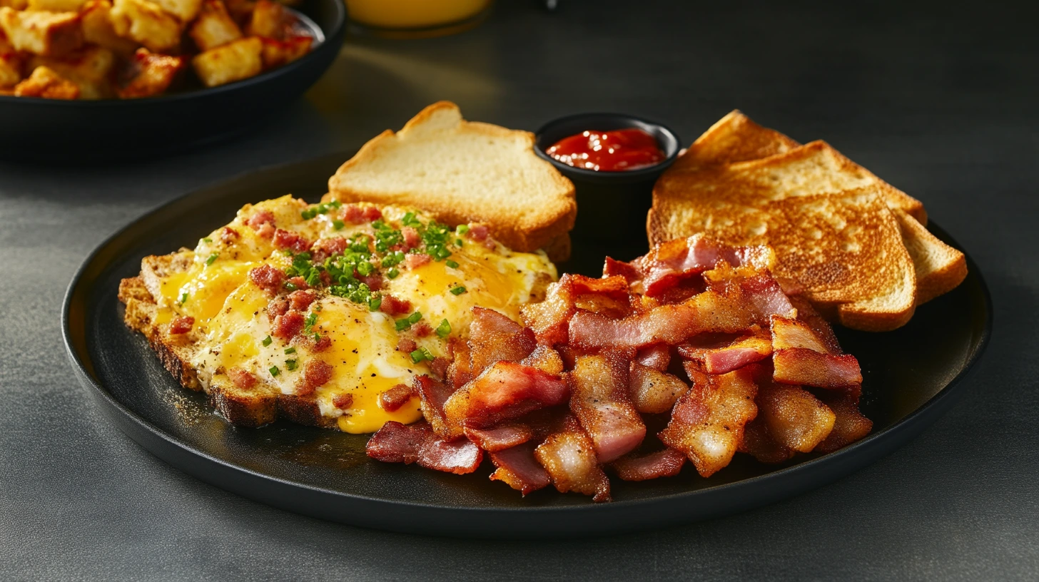 A classic breakfast plate with bacon, sausage, ham, eggs, and toast.