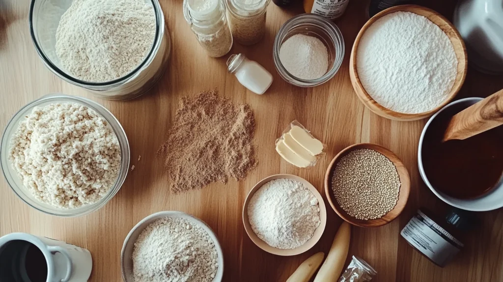Flat lay of gluten-free ingredients like almond flour, coconut flour, quinoa, and xanthan gum.