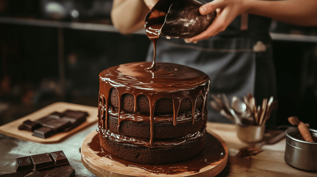 A smooth and glossy chocolate ganache being poured over a cake.