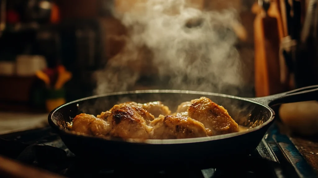 Chicken simmering in a skillet with rich gravy