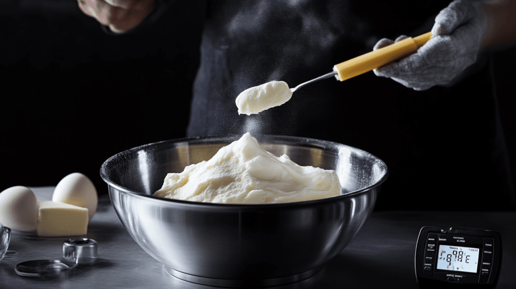 A baker whipping Swiss meringue buttercream in a stand mixer.