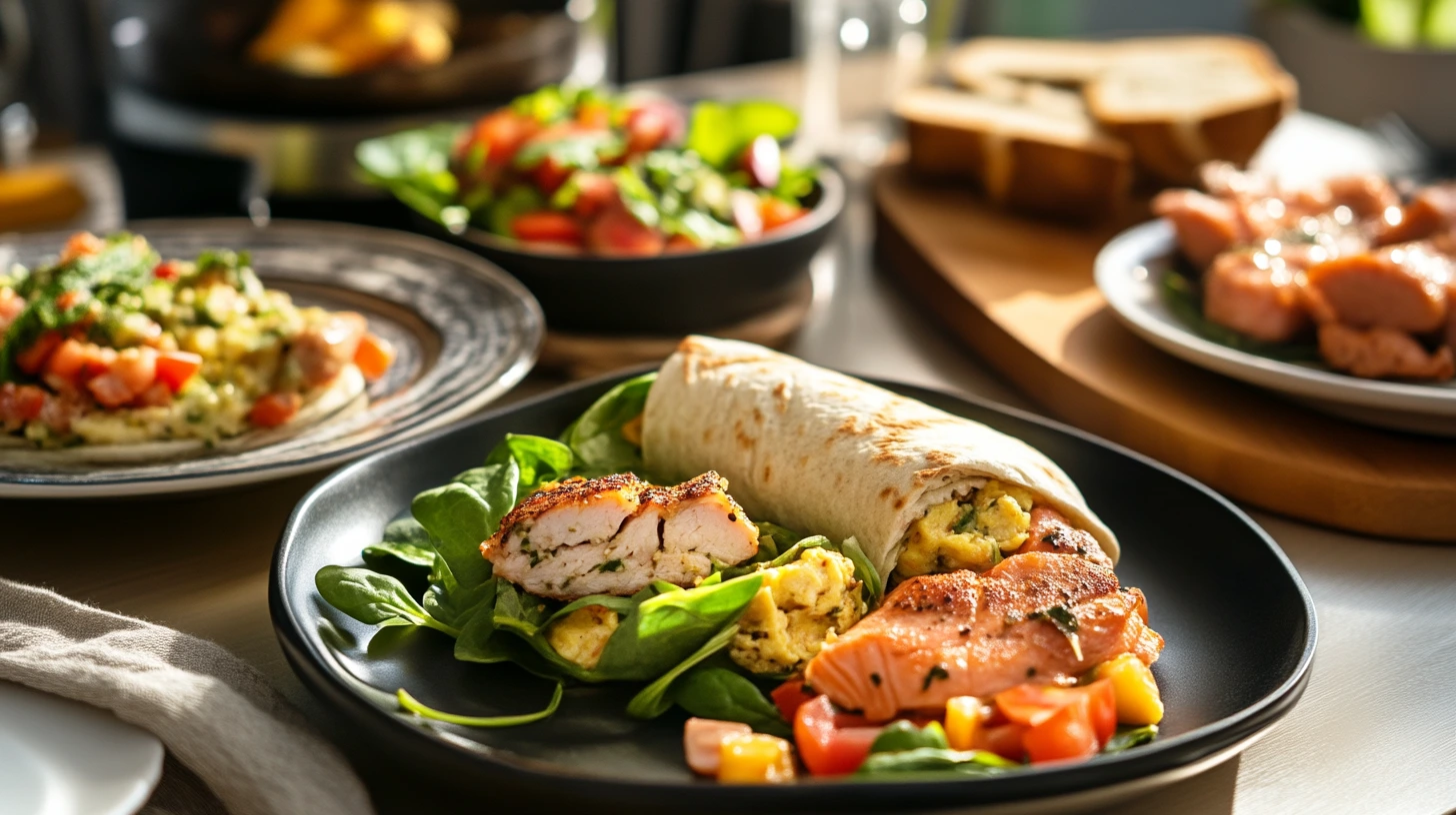 A table filled with healthy meat breakfast recipes, including a turkey wrap, chicken scramble, and salmon toast, with fresh vegetables and bread.