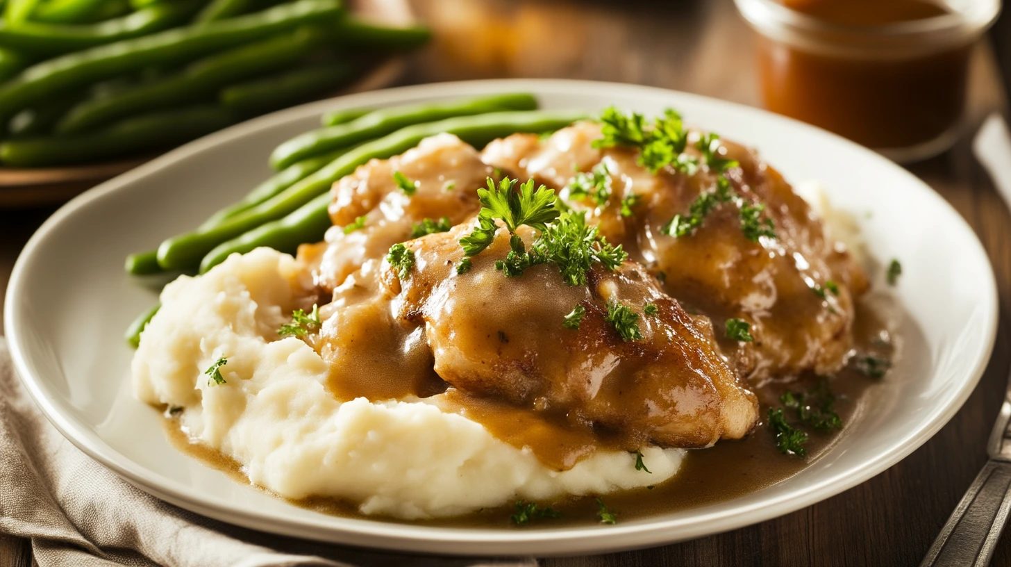 Smothered chicken served with mashed potatoes and green beans