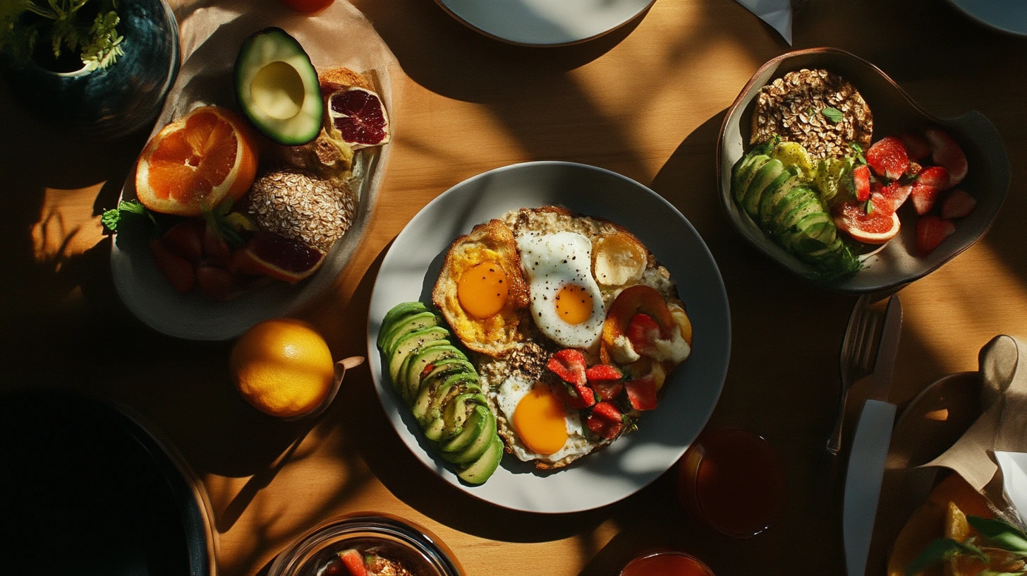 An assortment of healthy breakfast options, including oatmeal, eggs, avocado toast, and fresh fruit on a wooden table.