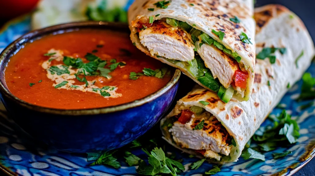 Gluten-free wraps with grilled chicken and a bowl of dairy-free tomato soup.