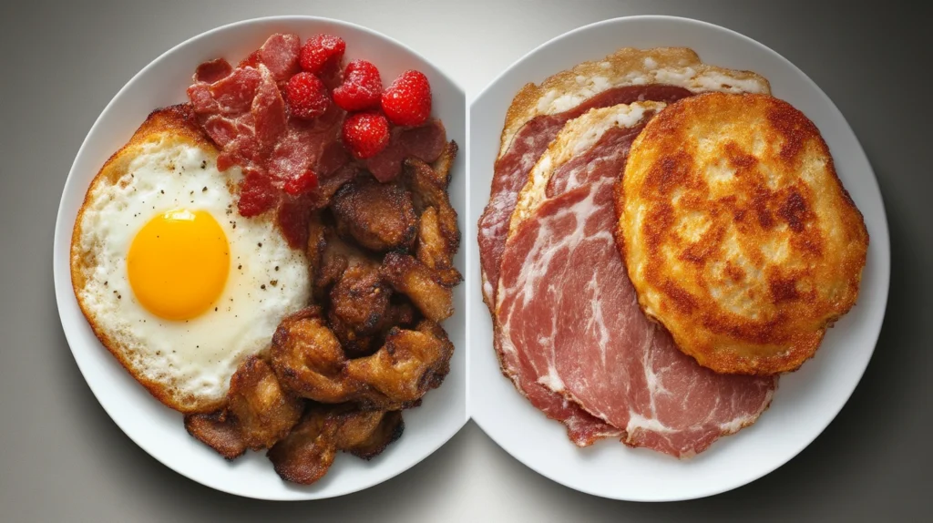 Comparison of lean turkey bacon, grilled chicken breast, and traditional bacon with nutritional labels.