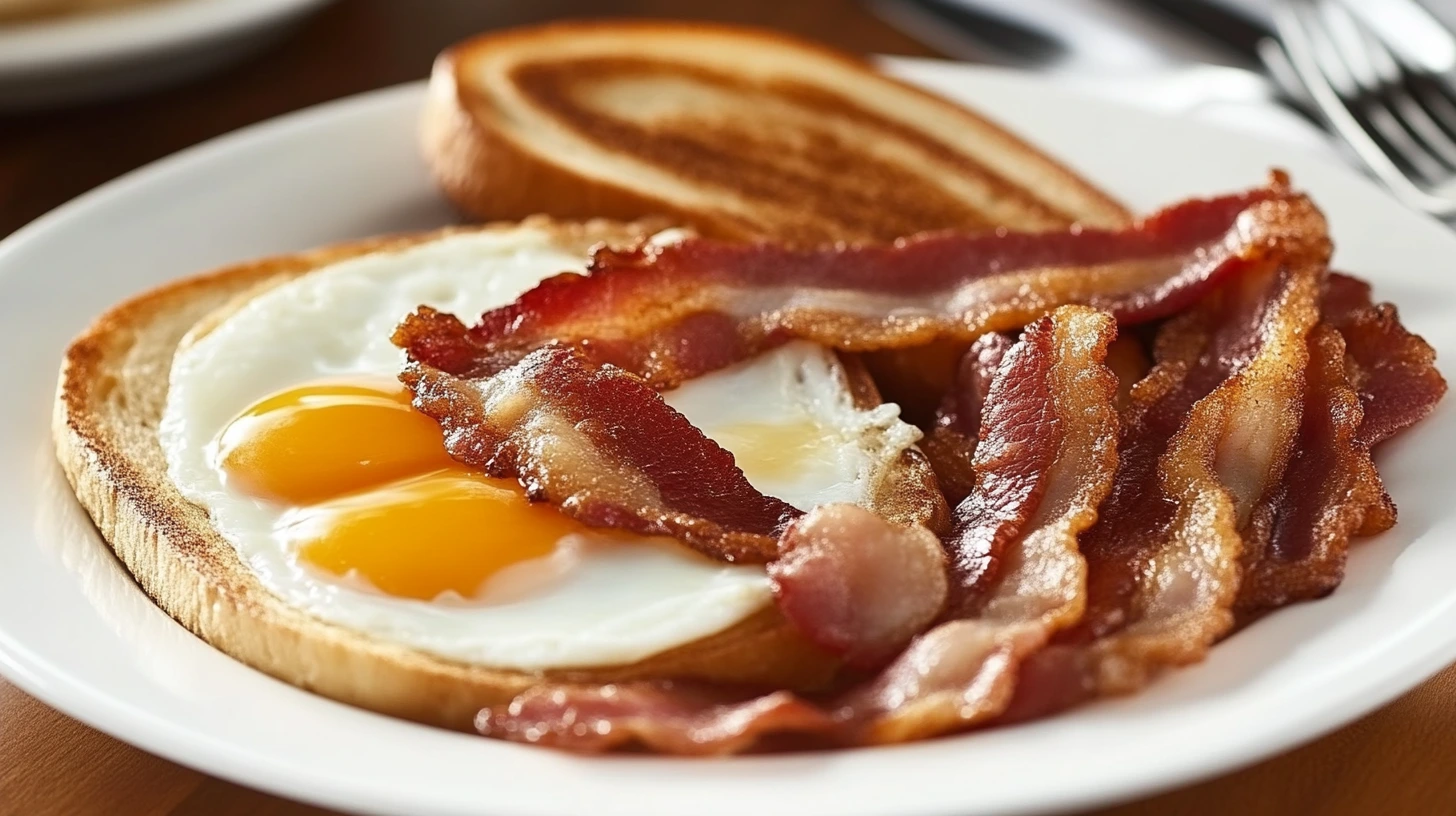 Breakfast table with eggs, bacon, toast, and fruit.