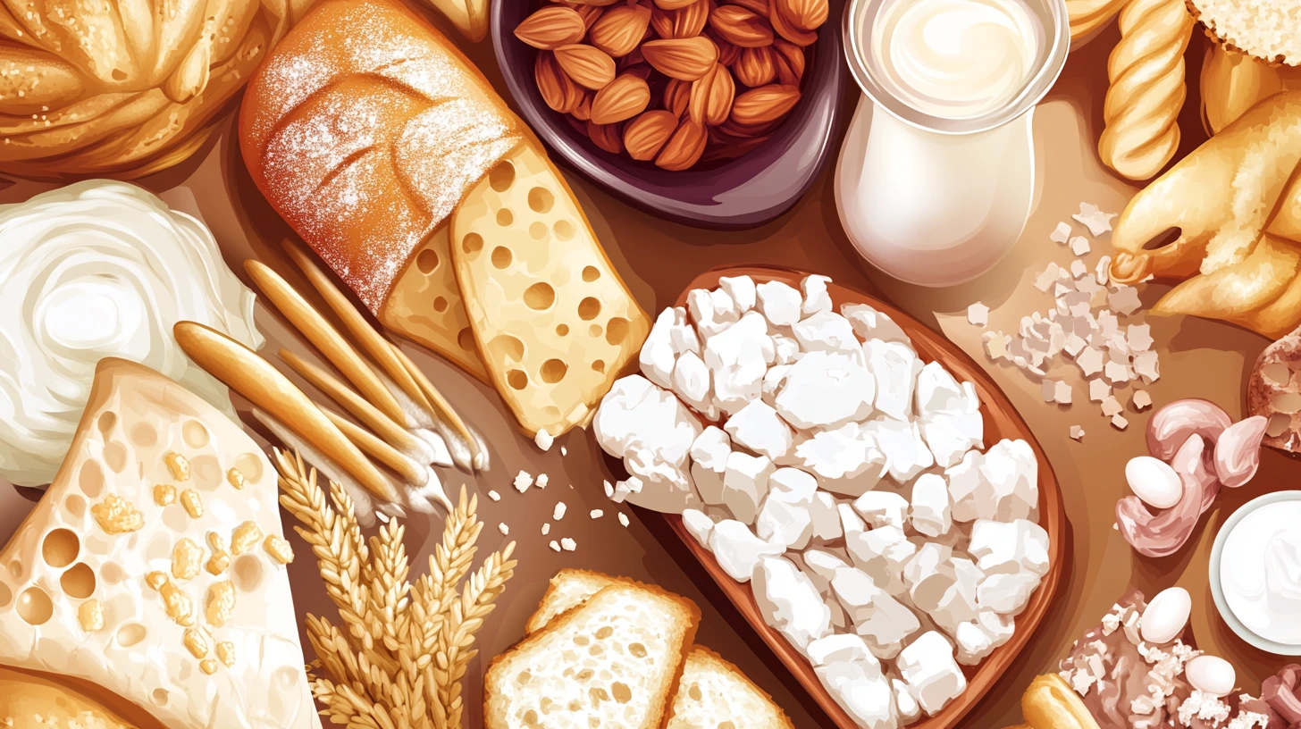 Infographic explaining gluten and lactose, including examples of foods containing these components.