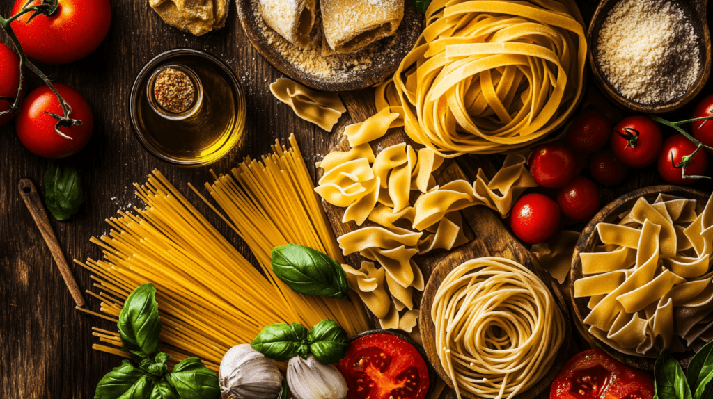 Different types of pasta displayed with fresh ingredients.