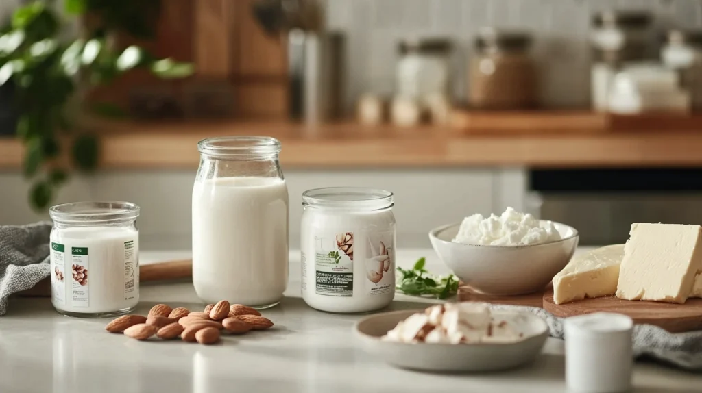 Selection of plant-based milk and lactose-free cheese and butter for dairy-free recipes.