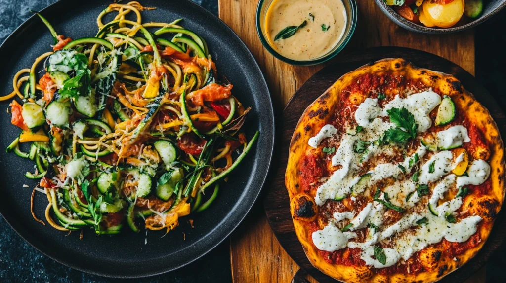 Zucchini noodles with vegan cheese sauce and gluten-free pizza with vegetables.
