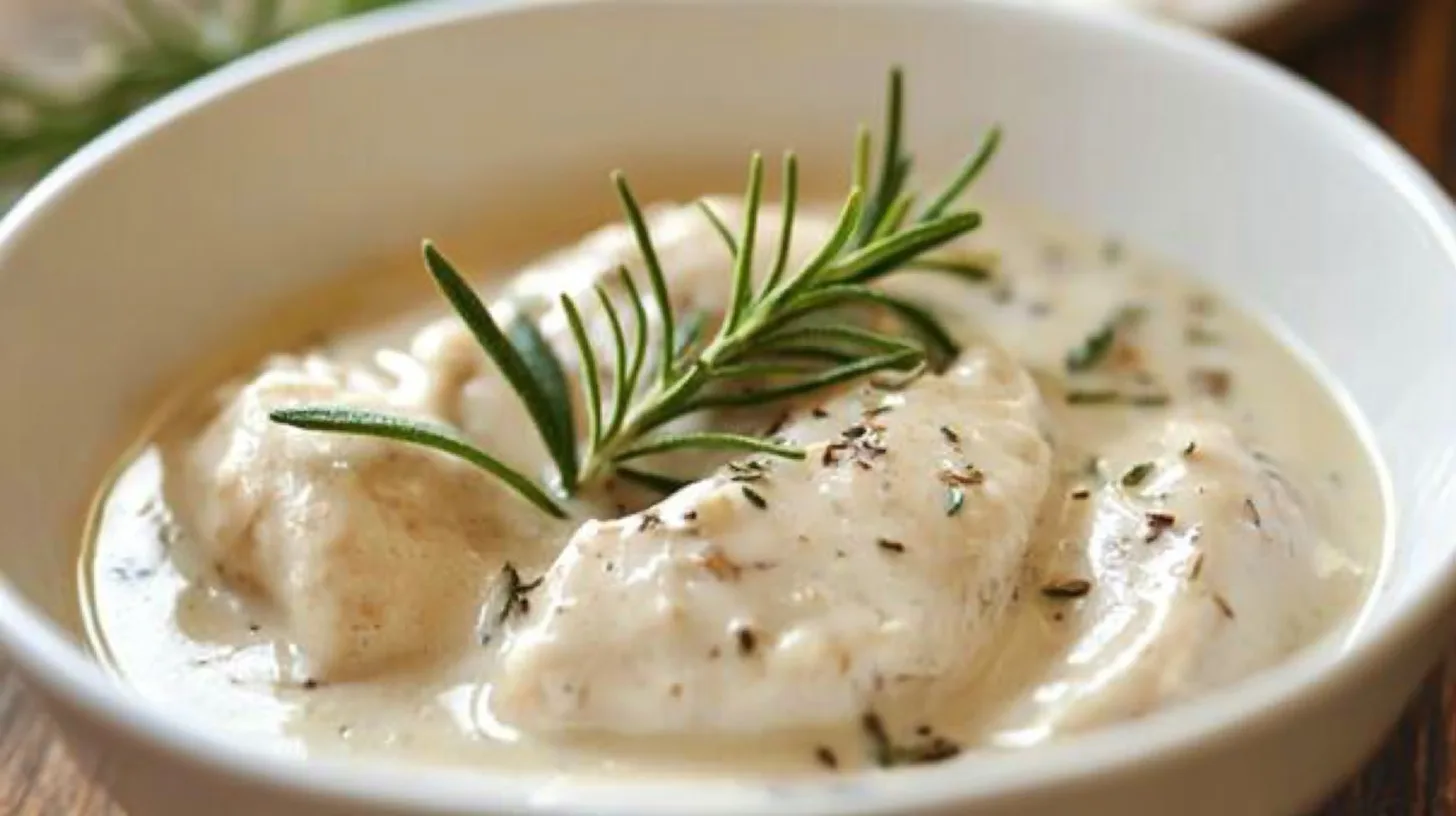 A bowl of chicken gravy with fresh herbs.