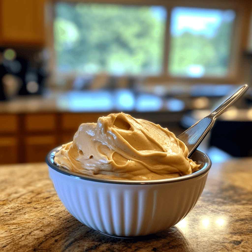A bowl of smooth peanut butter frosting with a spatula beside it.