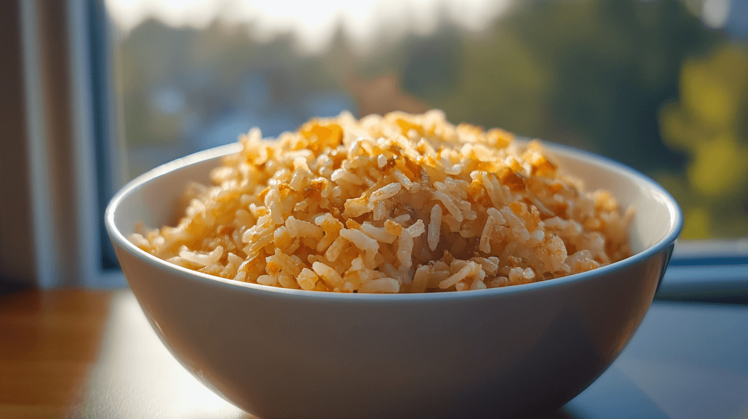 Close-up of crispy rice served on a white ceramic plate, showcasing golden brown rice grains with a crunchy texture.