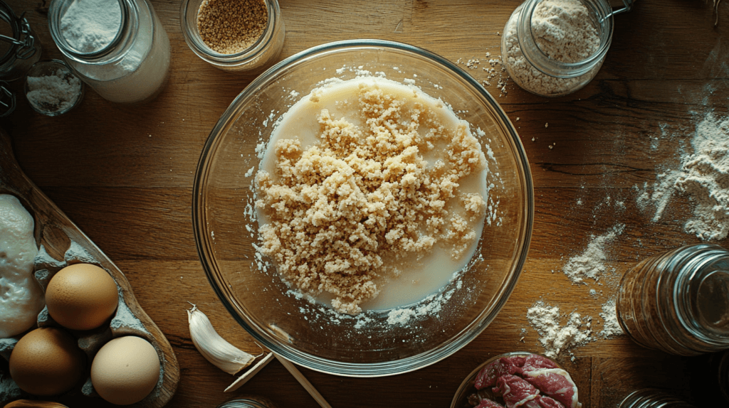 Breadcrumbs being soaked in milk in a glass bowl on a kitchen counter.
